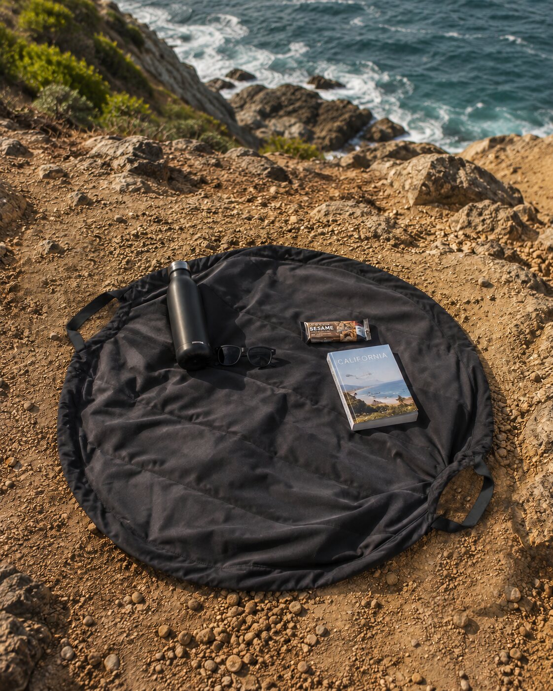 Black Dobrag laid fully open showing its padded center, quilted surface, perimeter drawcord channel and integrated handles